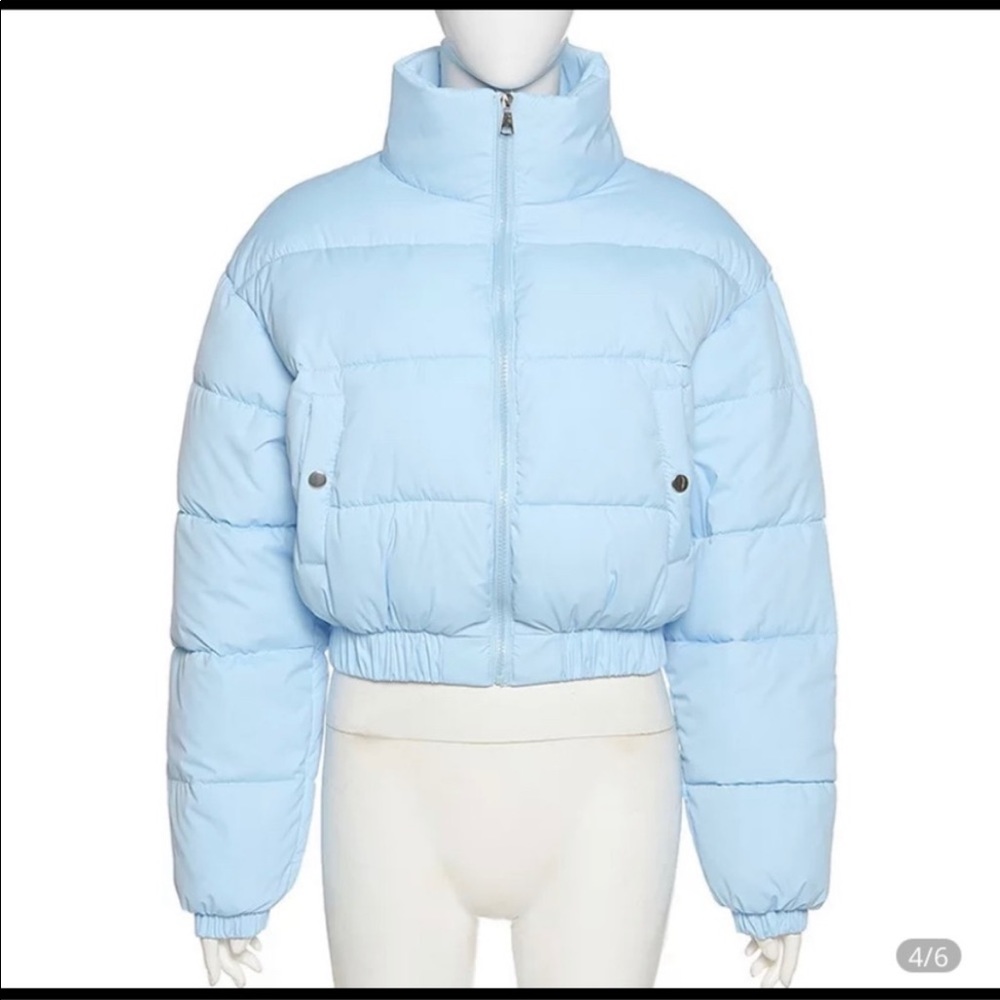 A blue puffer coat